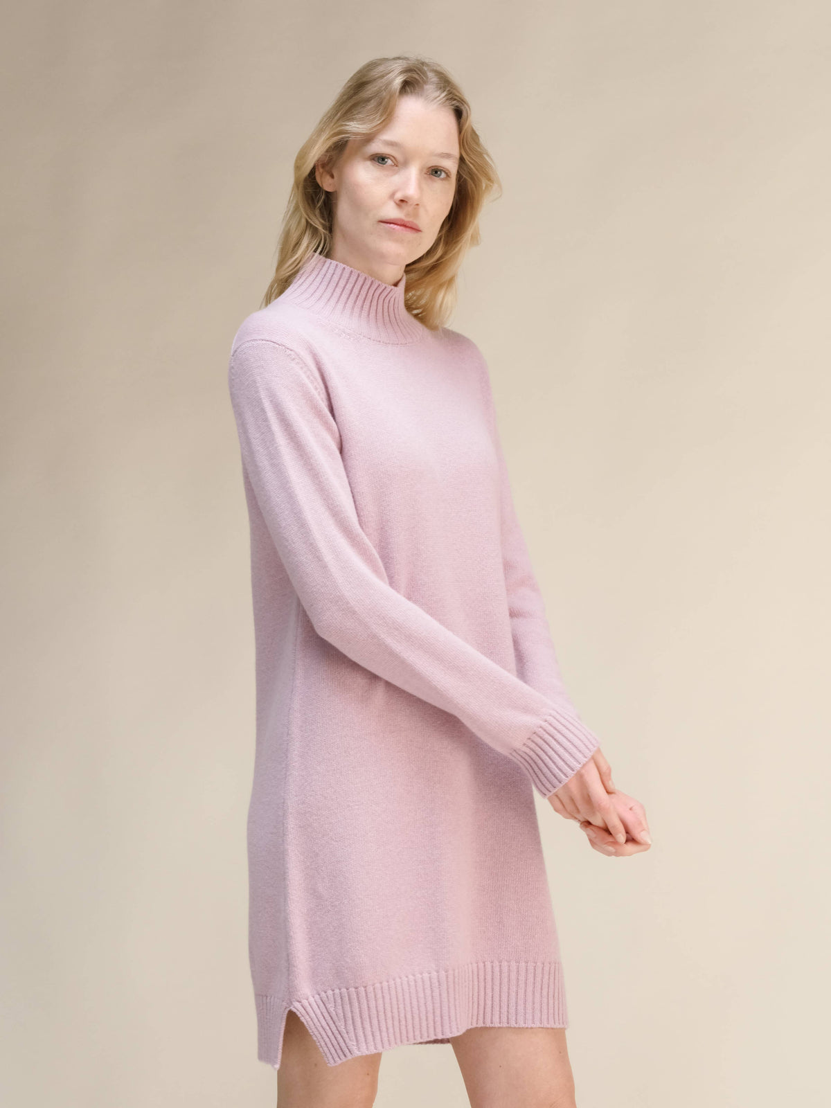Cashmere Mix High Neck Midi Dress: Beige / M