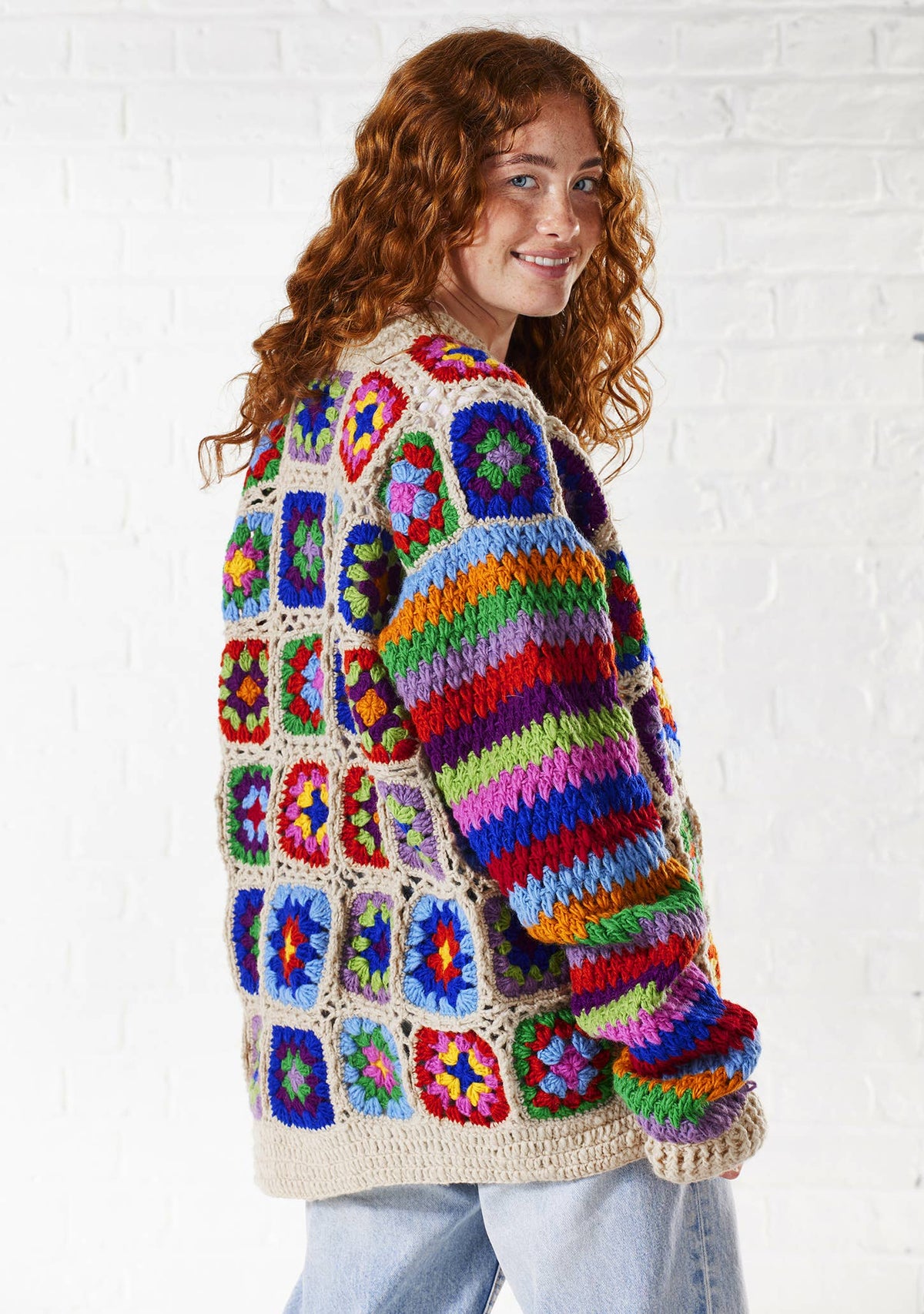 Crochet Rainbow Cardigan: Cream(C)