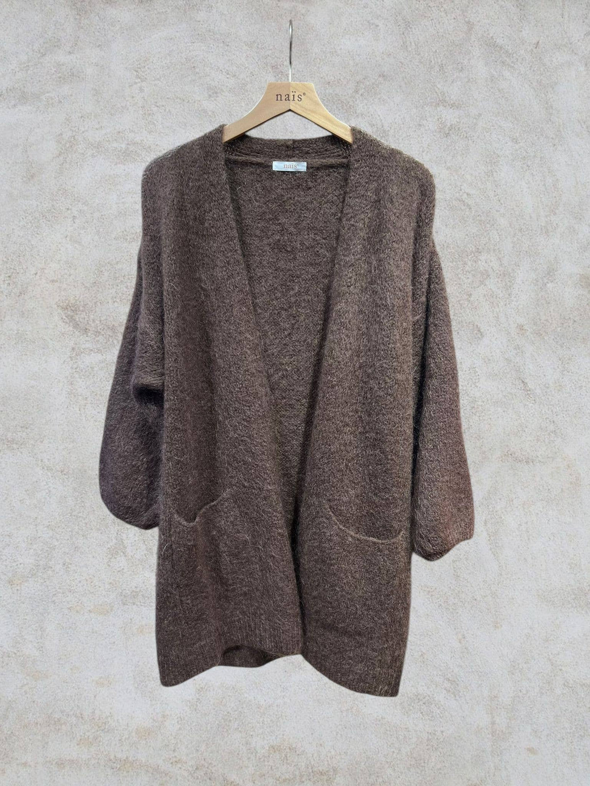 Long cardigan with long sleeves in mohair and wool: Bleu marine / Taille unique