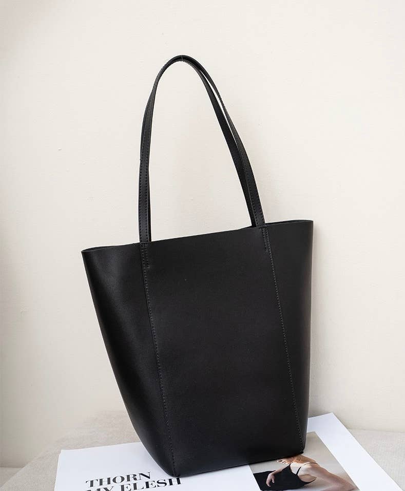 Genuine Leather Minimalism Bucket Shape Shoulder Tote Bag: Black