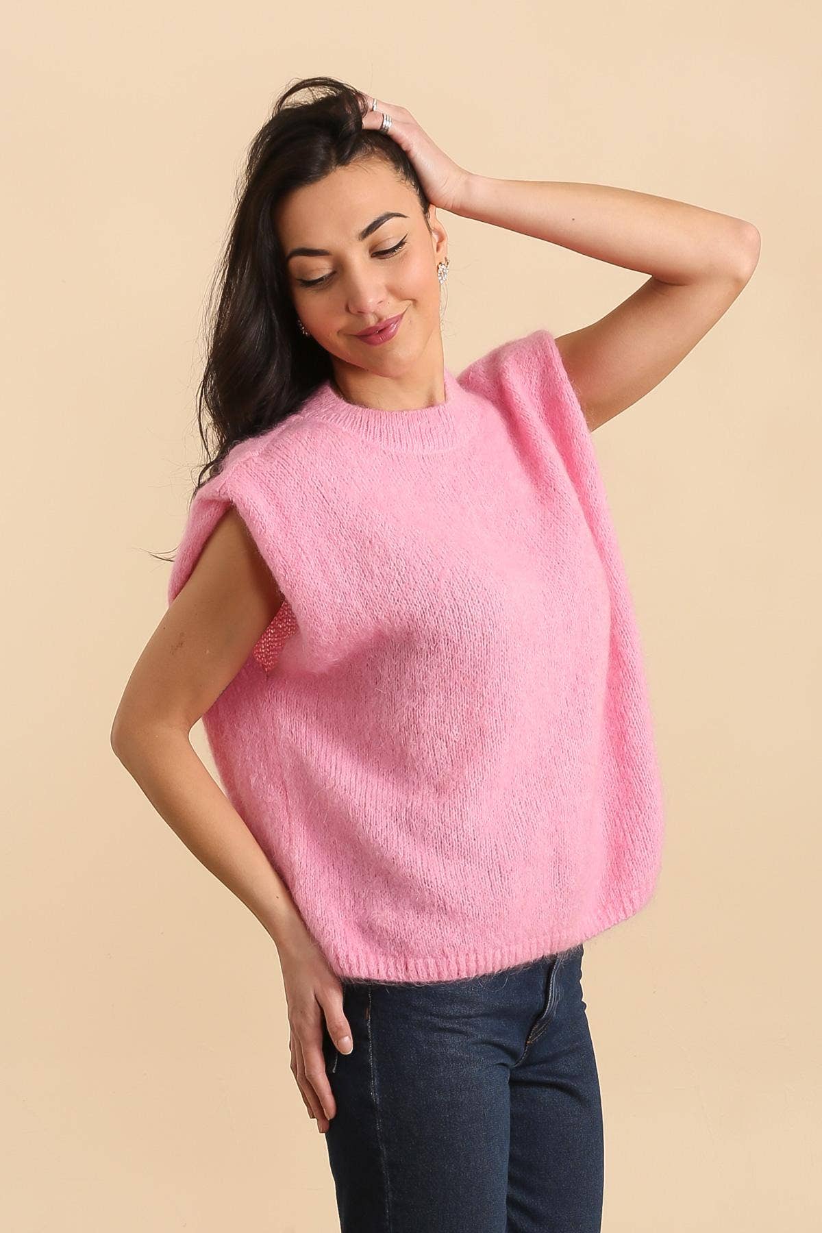 MOHAIR AND WOOL SLEEVELESS CREW NECK SWEATER: Jaune vanille / One size