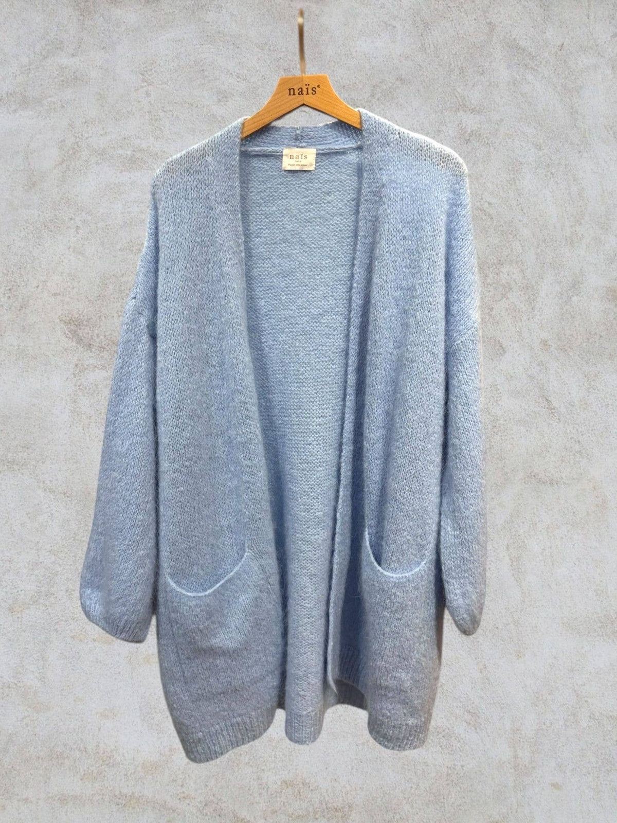 Long cardigan with long sleeves in mohair and wool: Bleu marine / Taille unique