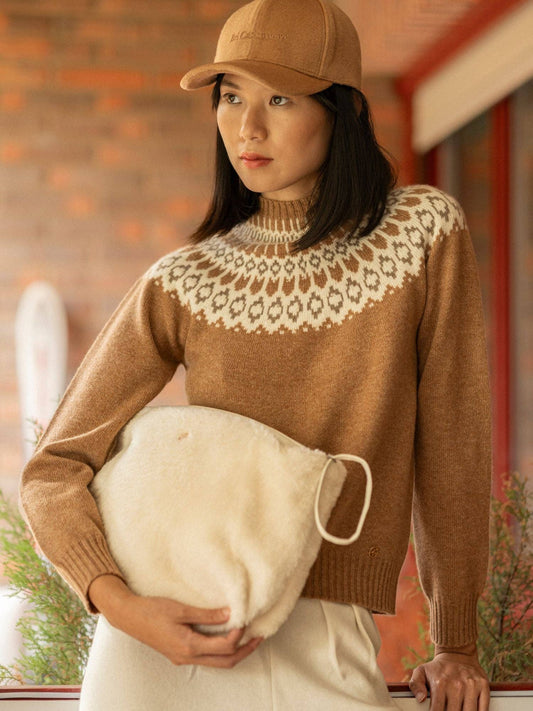 Maglione Martina cammello in cashmere con sprone Fair Isle, BEL Cashmere