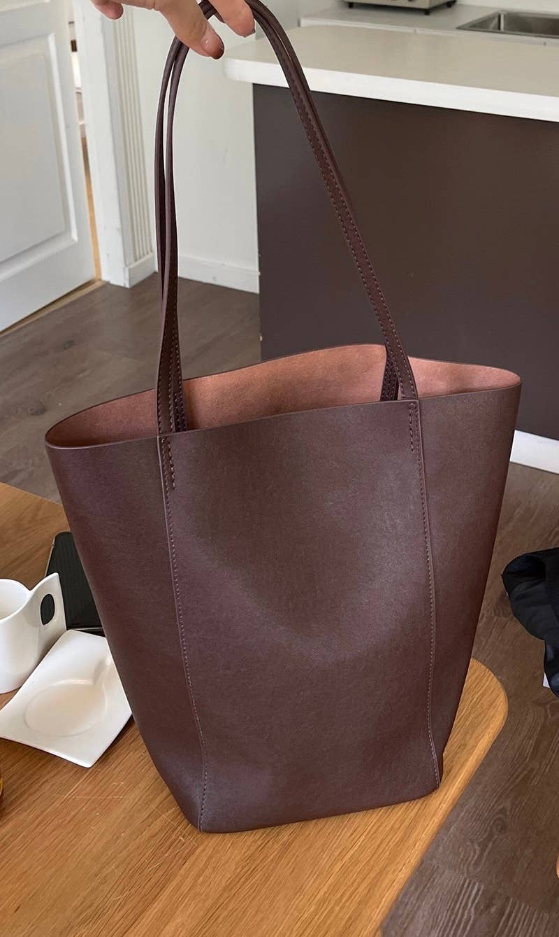 Genuine Leather Minimalism Bucket Shape Shoulder Tote Bag: Black