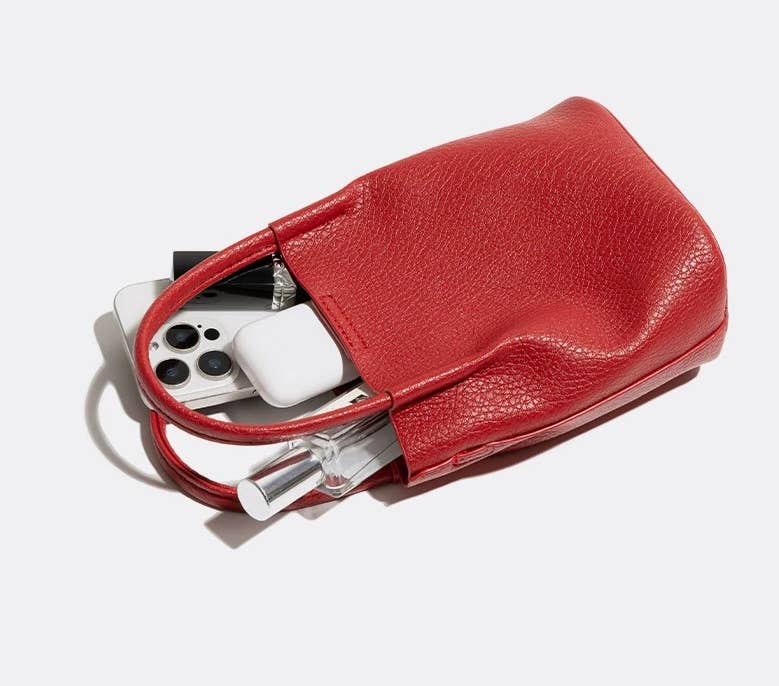Vegan Bucket Hand Bag Crossbody Bag: Red