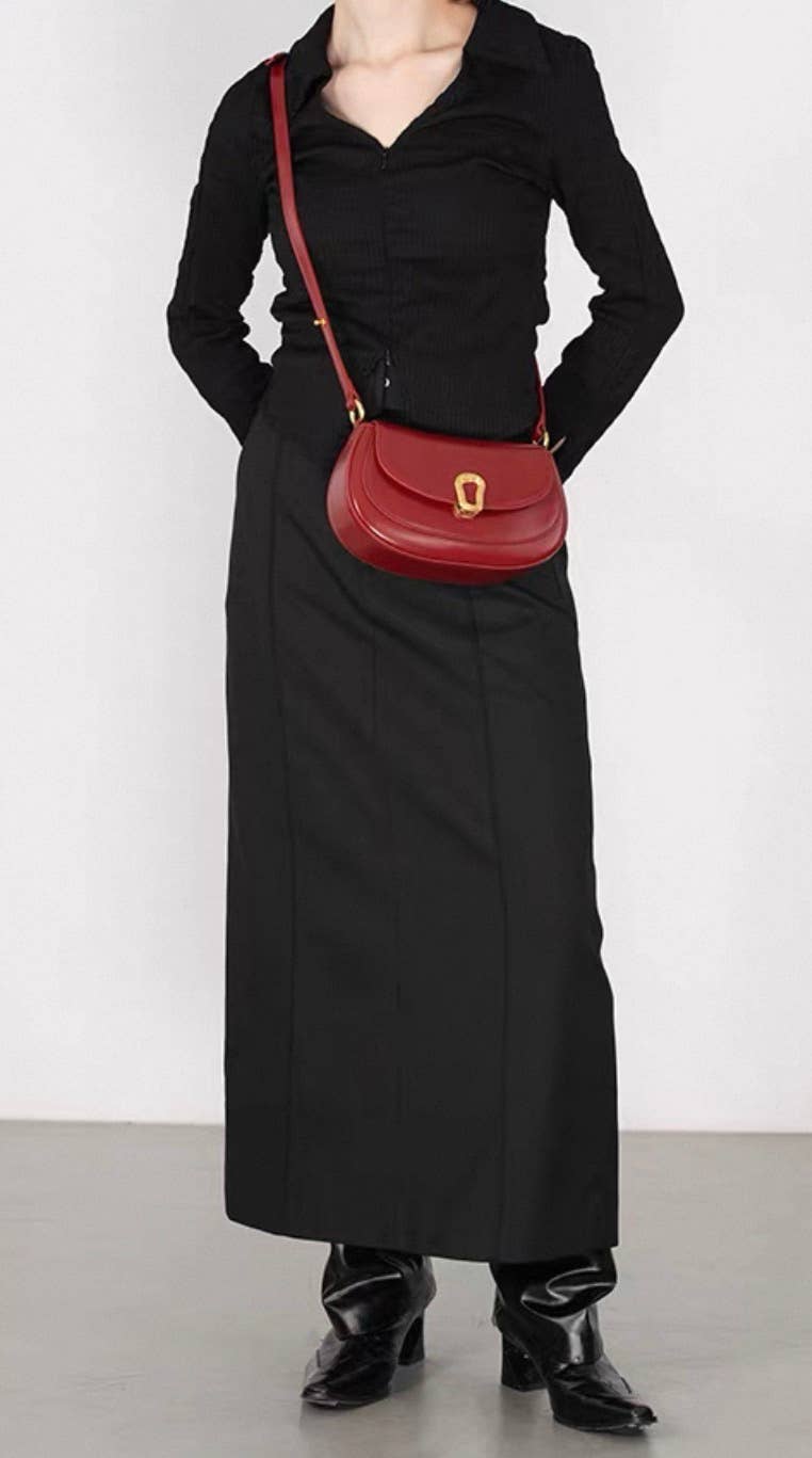Genuine Leather Saddle Shoulder Crossbody Bag: Bordeaux