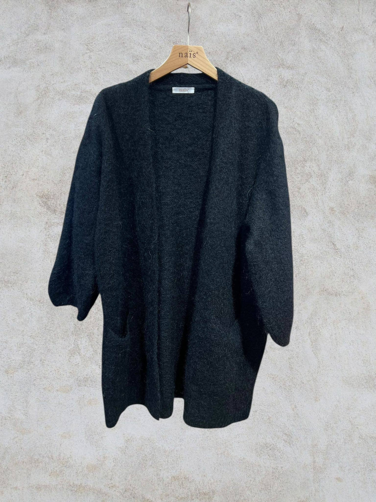 Long cardigan with long sleeves in mohair and wool: Bleu marine / Taille unique