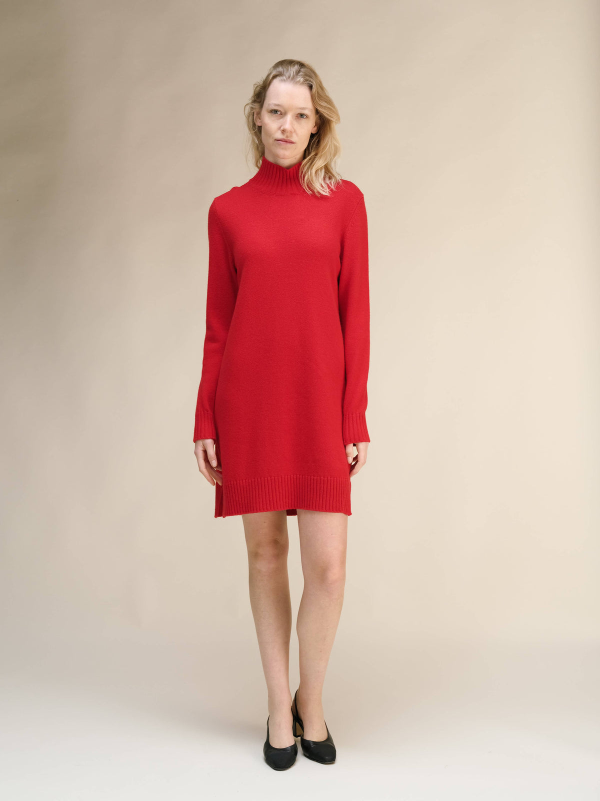 Cashmere Mix High Neck Midi Dress: Red / M