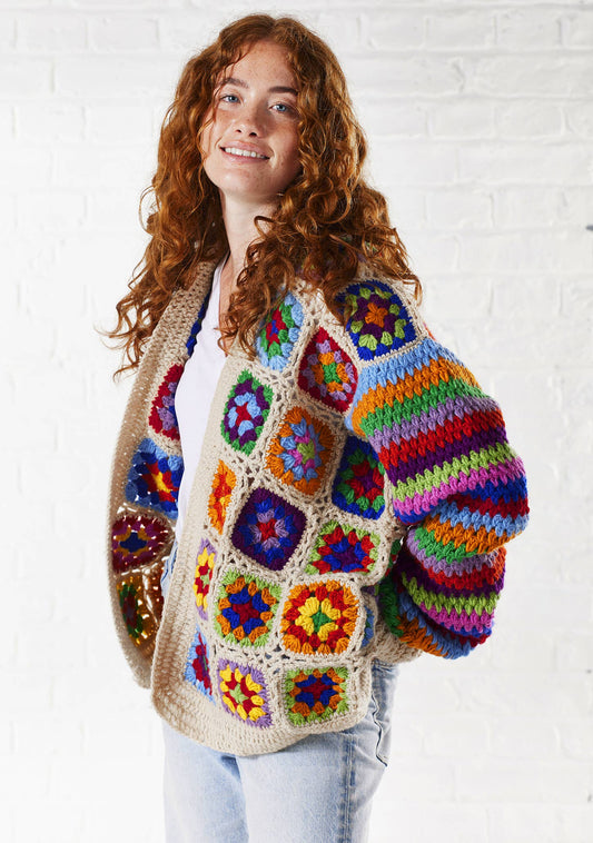 Crochet Rainbow Cardigan: Cream(C)