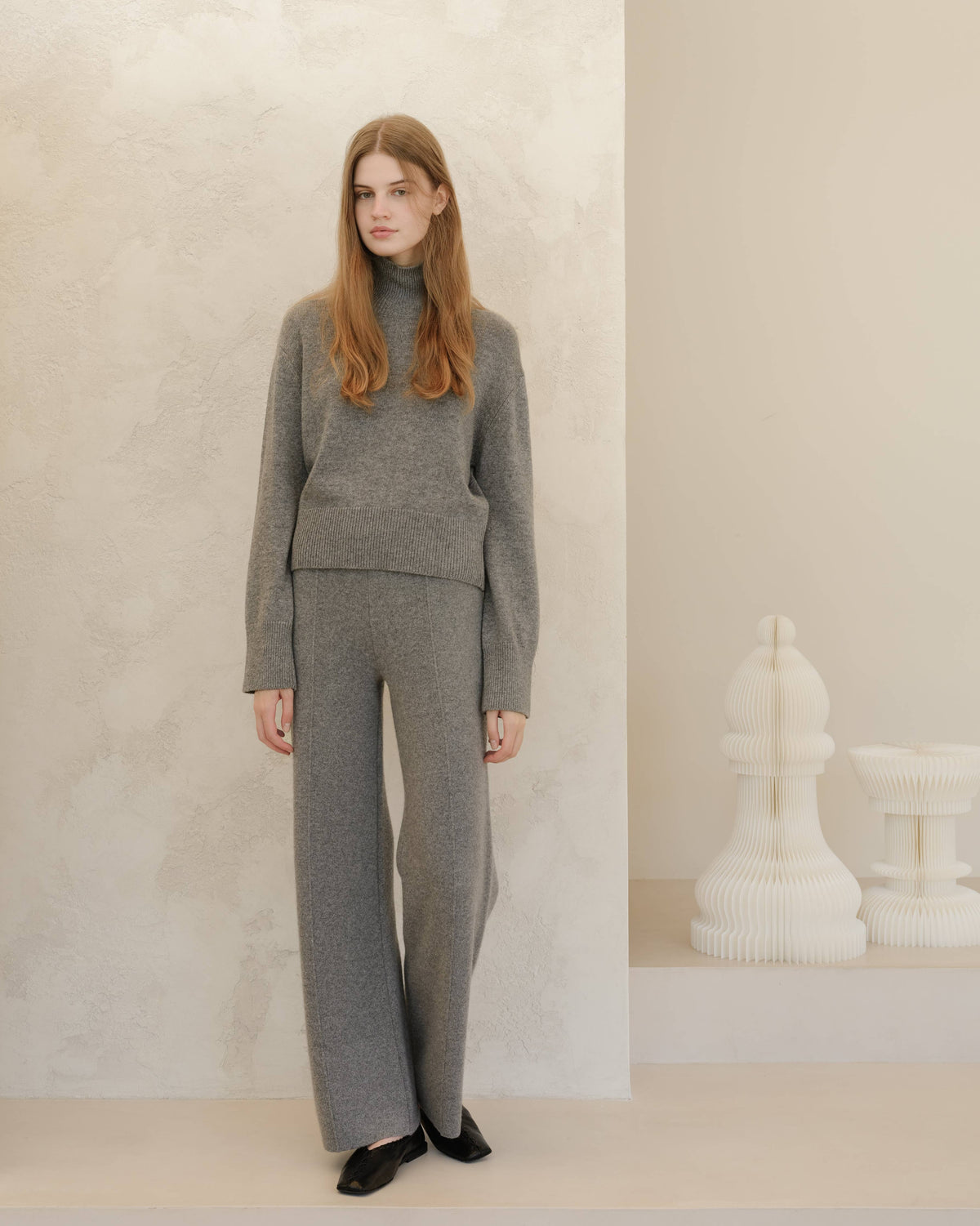 Cashmere Mix Wide-Leg Trousers: Steel Grey / L