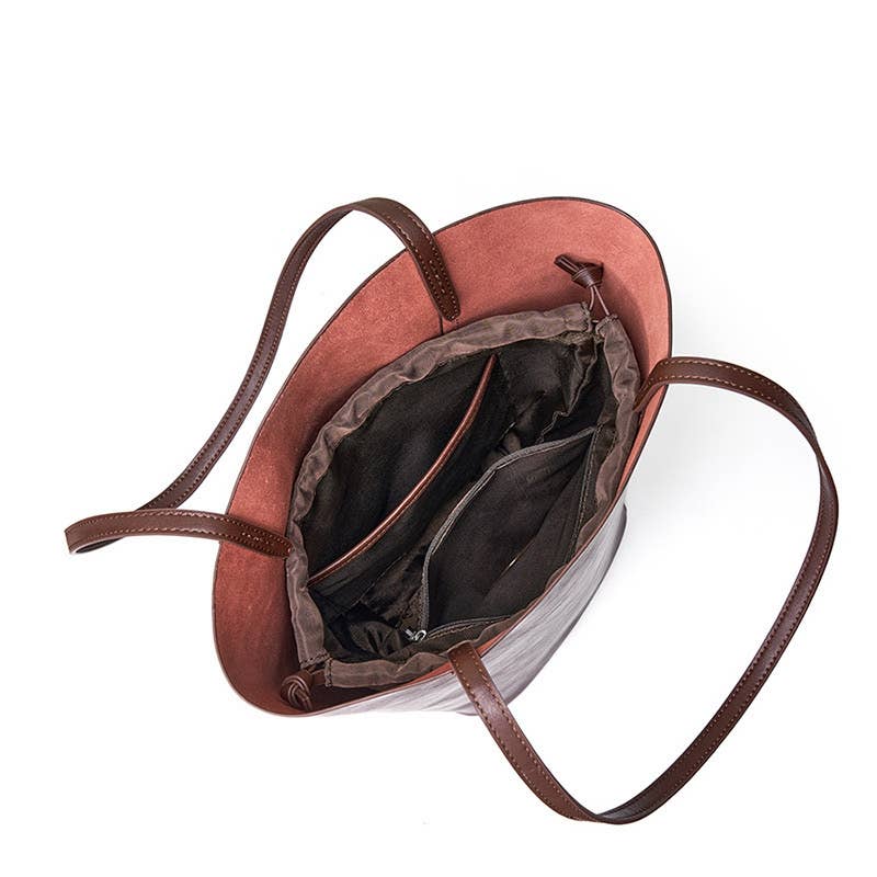 Genuine Leather Minimalism Bucket Shape Shoulder Tote Bag: Black