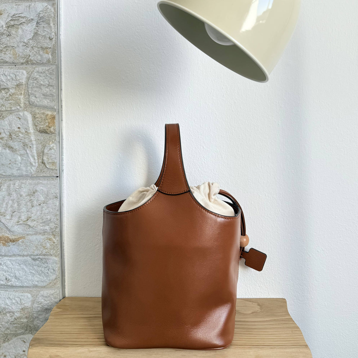 Elle - Minimalism Style Genuine Leather Bucket Shape Bag: Brown