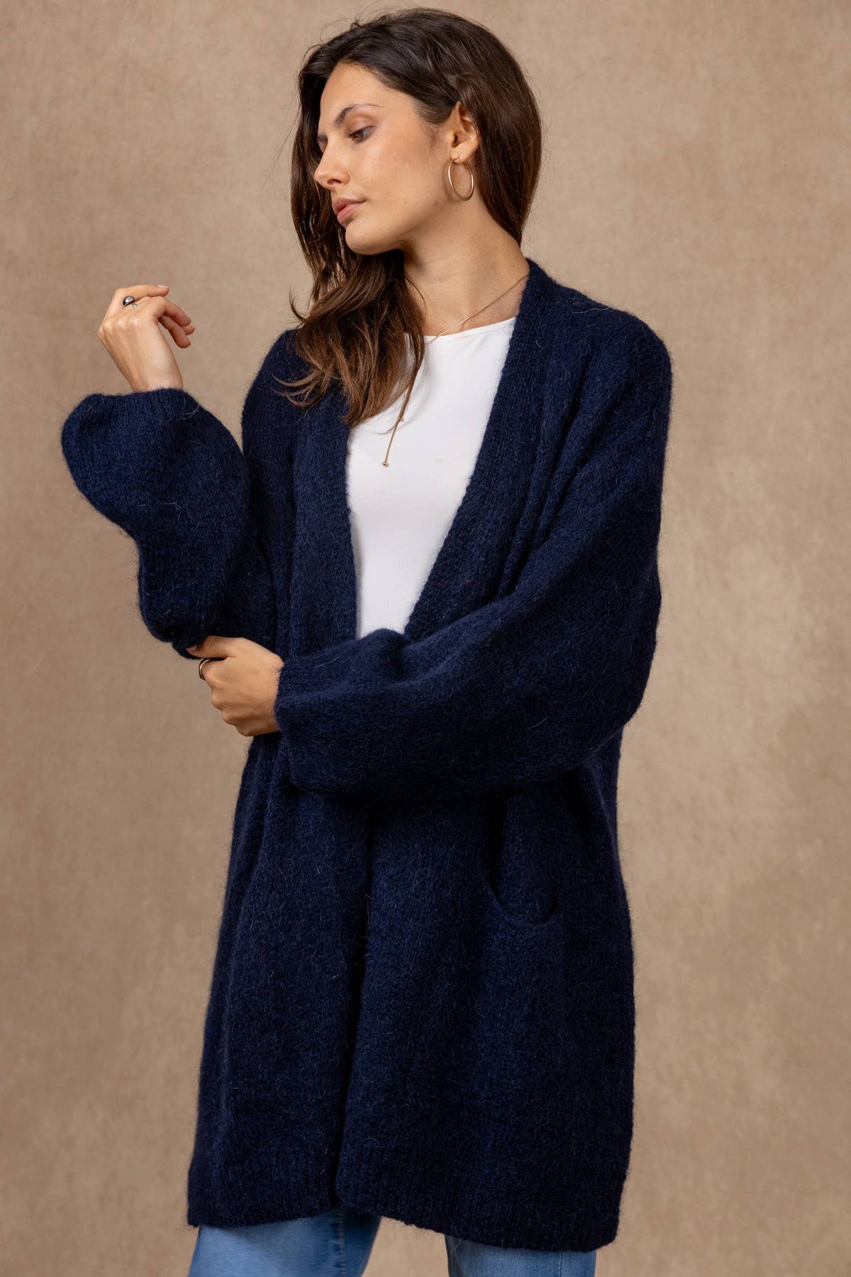 Long cardigan with long sleeves in mohair and wool: Bleu marine / Taille unique