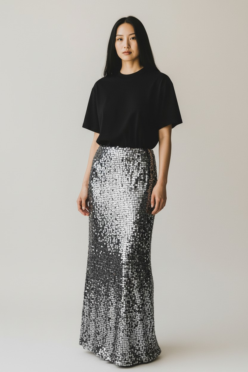 Gonna nera lunga con paillettes
