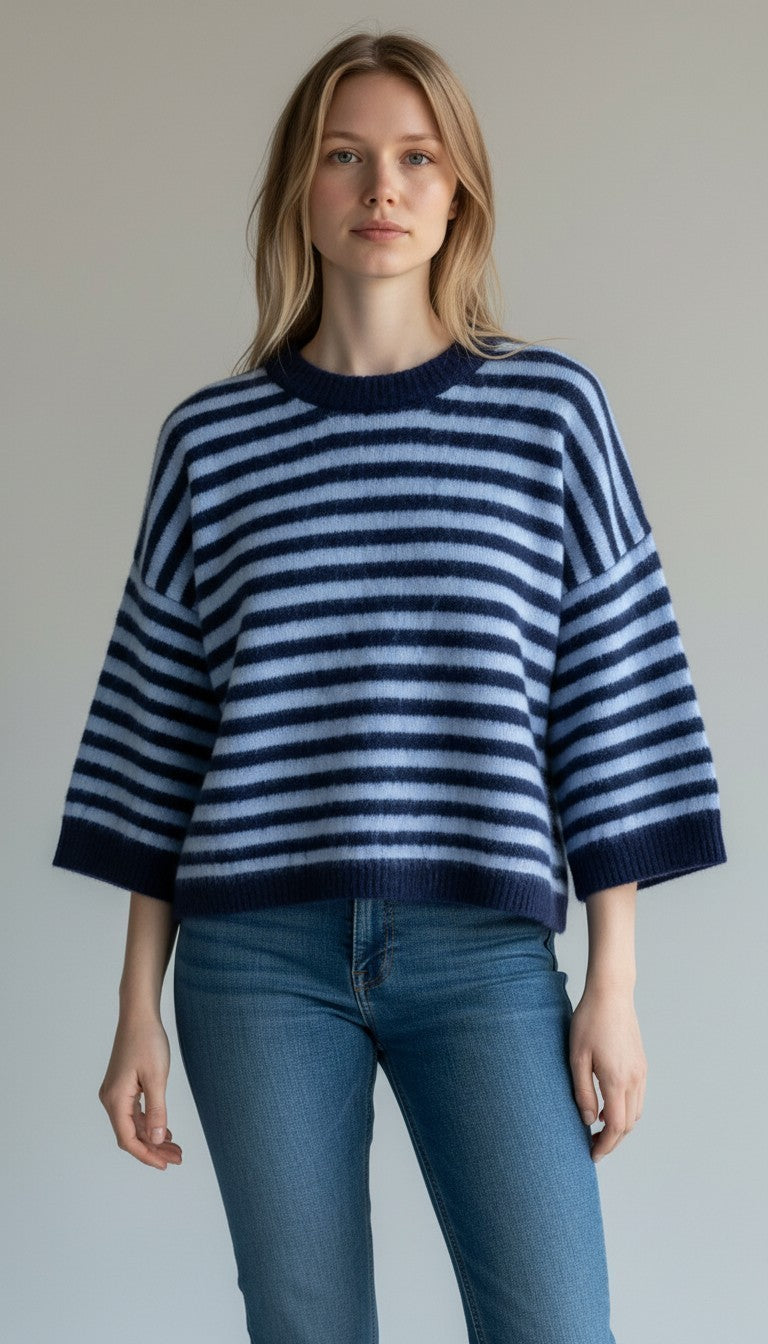 Striped oversized pullover with a fluffy look: Navyblau / Hellblau / Einheitsgröße