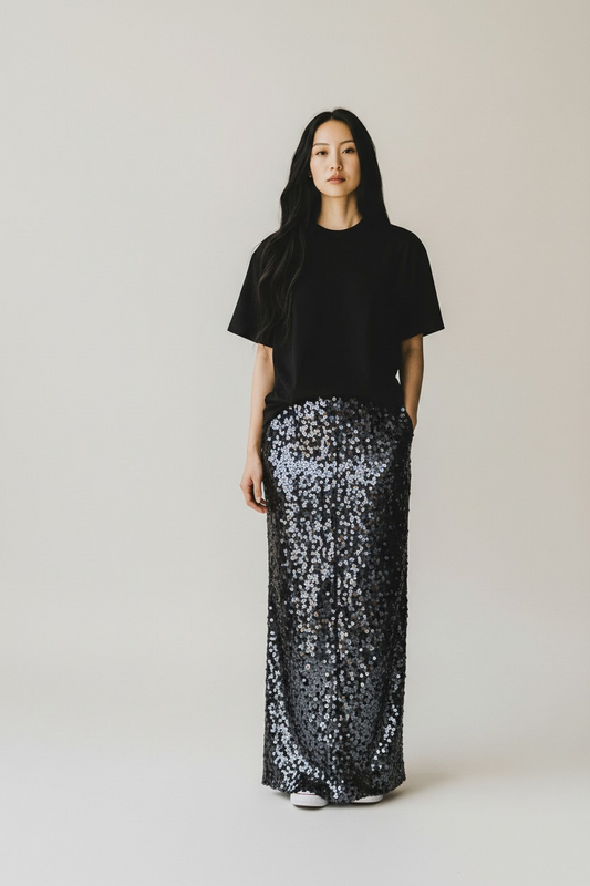 Gonna nera lunga con paillettes