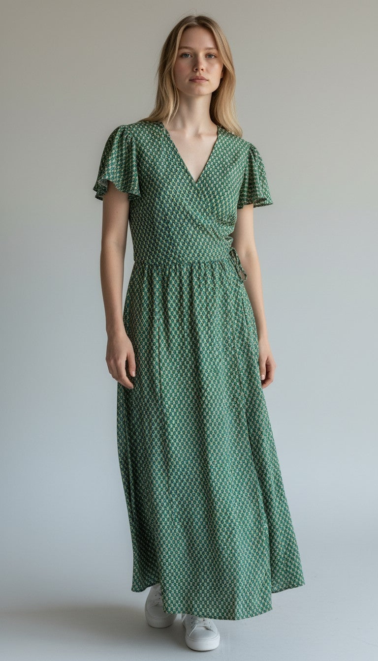 Vestito wrap dress fatto a mano verde I Was a Sari sustainable fashion, L