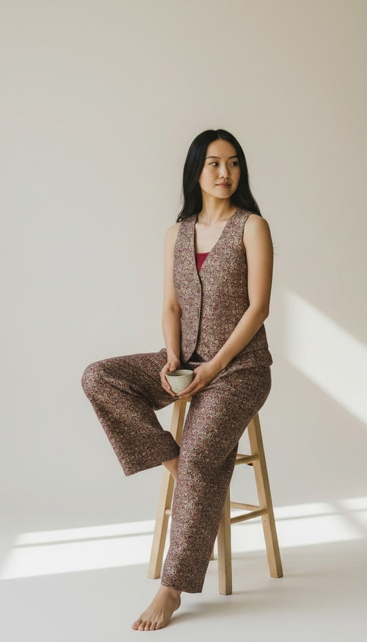 Set coordinato grigio e rosso I Was A Sari sustainable fashion sets, M