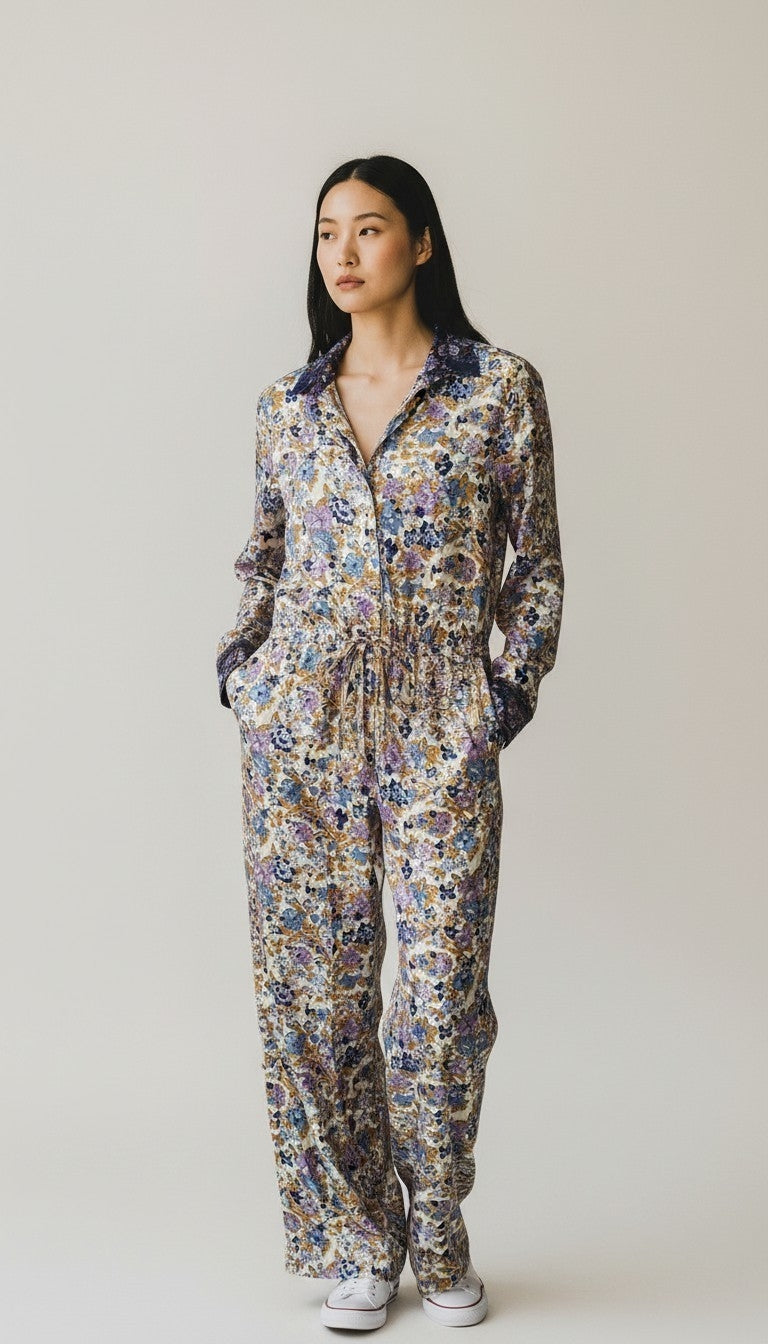Tuta jumpsuit fatta a mano bianca e blu I Was a Sari sustainable fashion, S